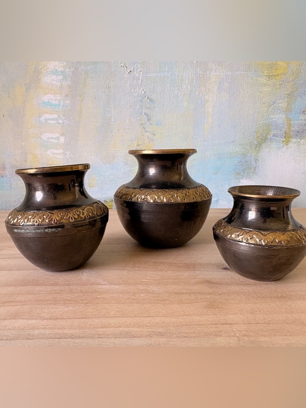 Vintage Black and Gold Small Decorative Brass Vases - Set of 3